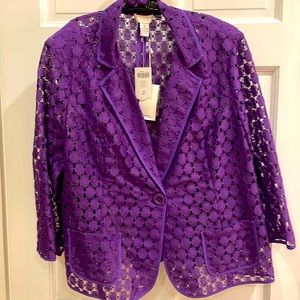 Chico’s Size 2 NWT, same as 12/14, Purple Circular Lace Jacket w 3/4 sleeves